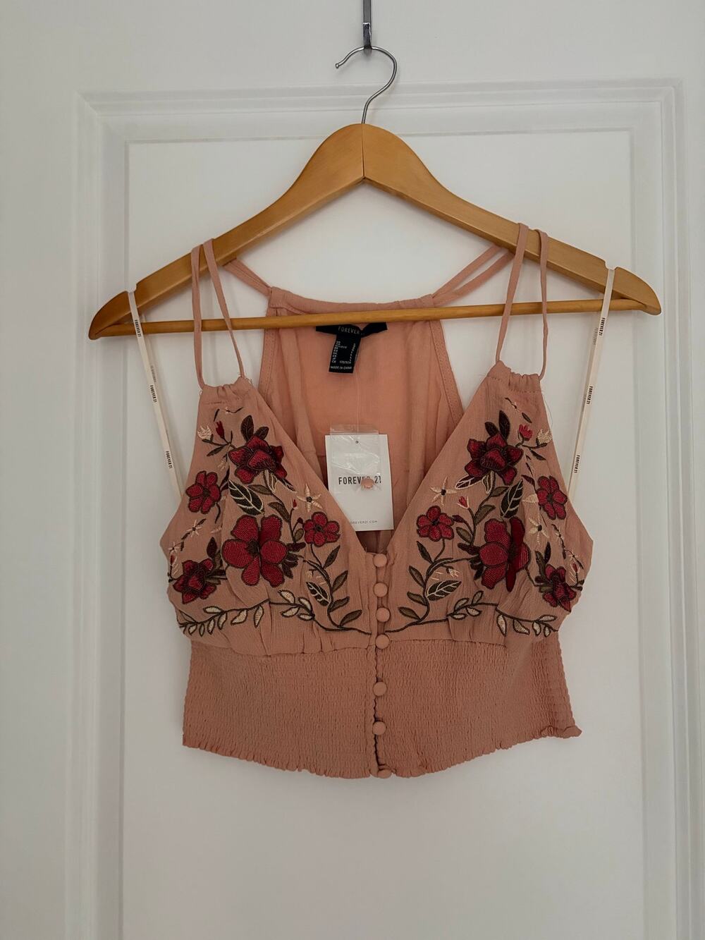 Forever 21 NWT Floral Embroidered Boho Crop Top Dusty Rose Pink Cami